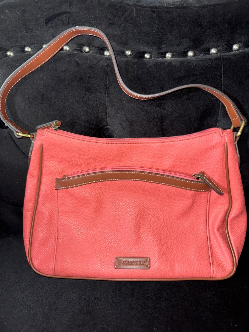 St. John’s Bay Coral-Pink Leather Shoulder Bag with Brown Trim